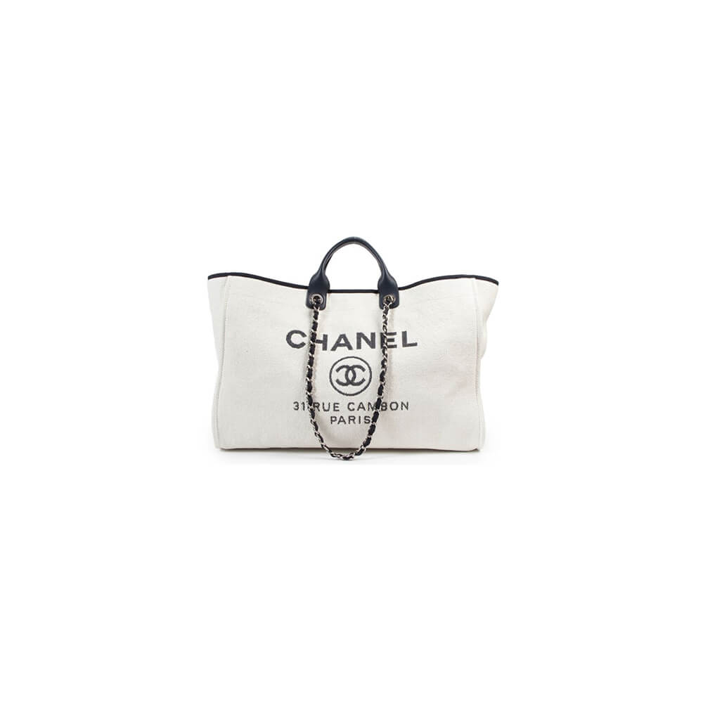 Ch*el woven straw raffia striped medium deauville tote